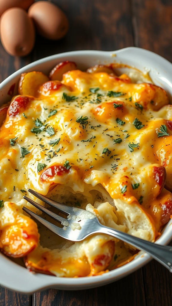 A cheesy potato bake with layers of potatoes and melted cheese, garnished with herbs, on a rustic table.